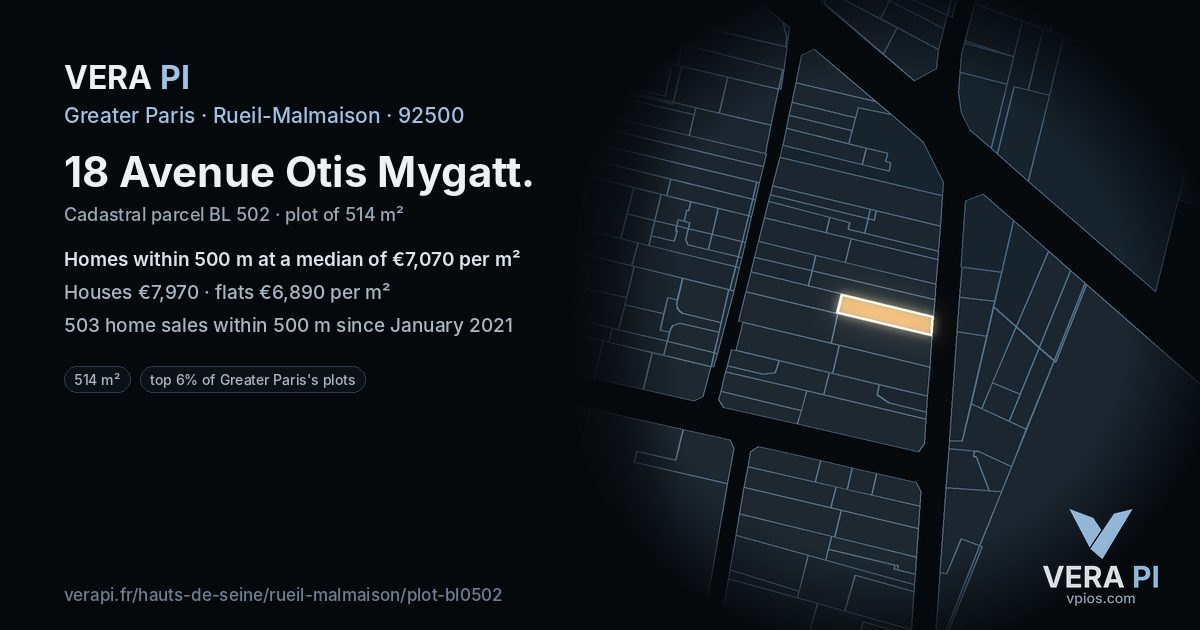18 Avenue Otis Mygatt, Rueil-Malmaison at night – the plot lit, the parcels around coloured by the prices near them