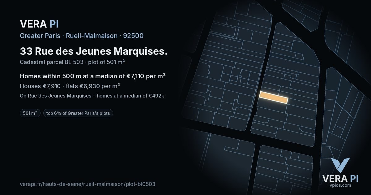 33 Rue des Jeunes Marquises, Rueil-Malmaison at night – the plot lit, the parcels around coloured by the prices near them