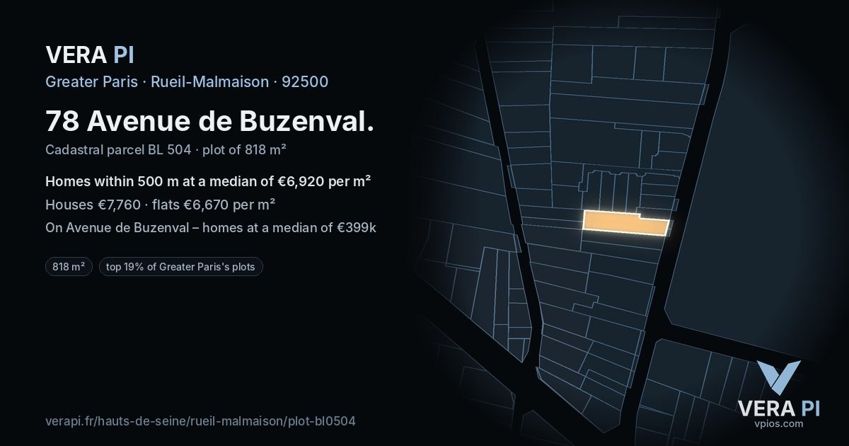 78 Avenue de Buzenval, Rueil-Malmaison at night – the plot lit, the parcels around coloured by the prices near them