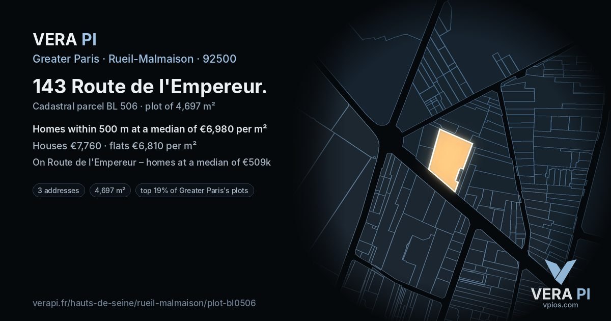 143 Route de l'Empereur, Rueil-Malmaison at night – the plot lit, the parcels around coloured by the prices near them