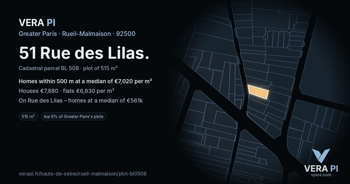 51 Rue des Lilas, Rueil-Malmaison at night – the plot lit, the parcels around coloured by the prices near them