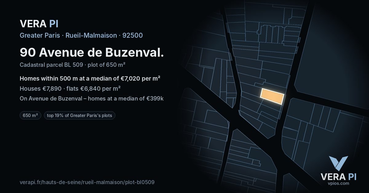 90 Avenue de Buzenval, Rueil-Malmaison at night – the plot lit, the parcels around coloured by the prices near them