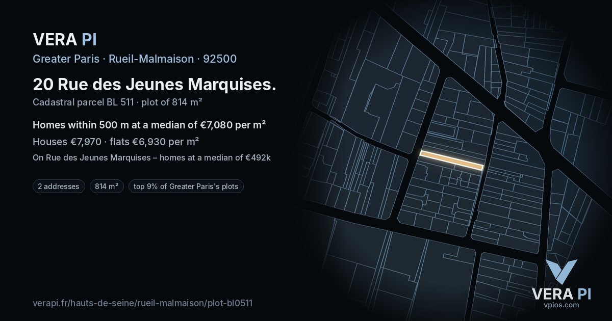 20 Rue des Jeunes Marquises, Rueil-Malmaison at night – the plot lit, the parcels around coloured by the prices near them