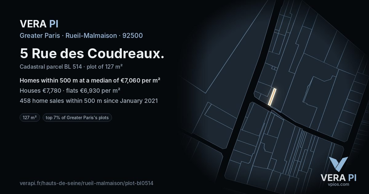 5 Rue des Coudreaux, Rueil-Malmaison at night – the plot lit, the parcels around coloured by the prices near them