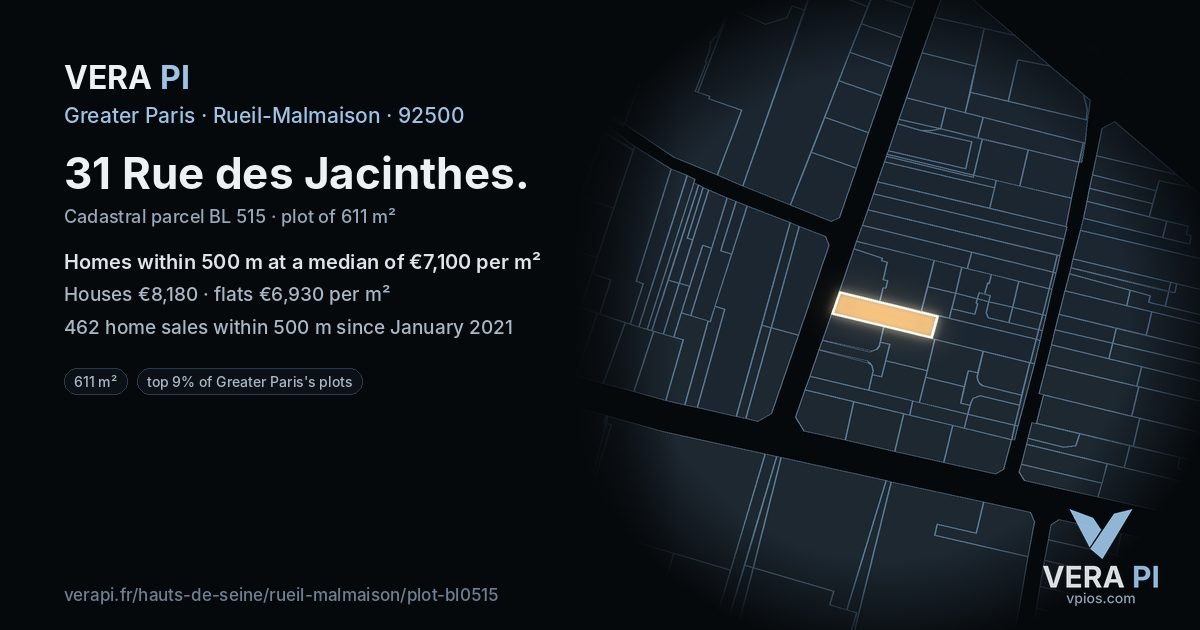 31 Rue des Jacinthes, Rueil-Malmaison at night – the plot lit, the parcels around coloured by the prices near them