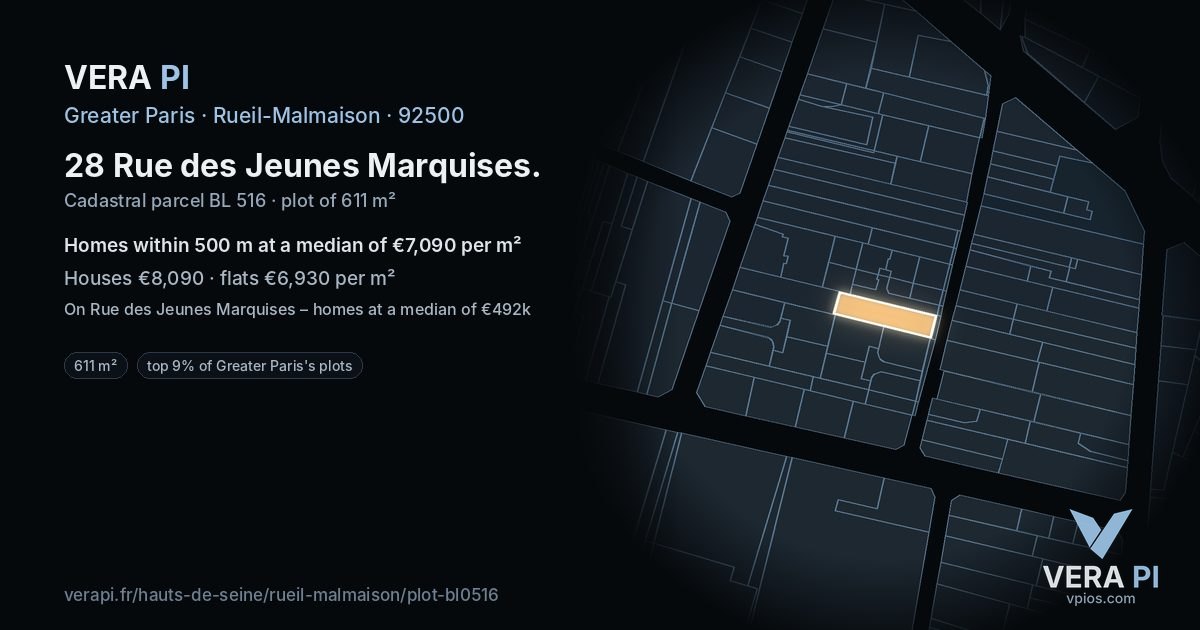 28 Rue des Jeunes Marquises, Rueil-Malmaison at night – the plot lit, the parcels around coloured by the prices near them
