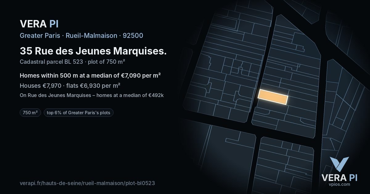 35 Rue des Jeunes Marquises, Rueil-Malmaison at night – the plot lit, the parcels around coloured by the prices near them