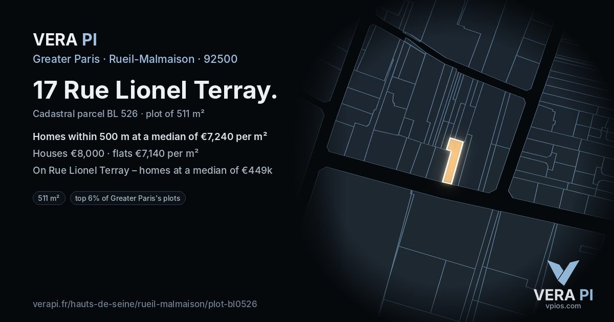 17 Rue Lionel Terray, Rueil-Malmaison at night – the plot lit, the parcels around coloured by the prices near them