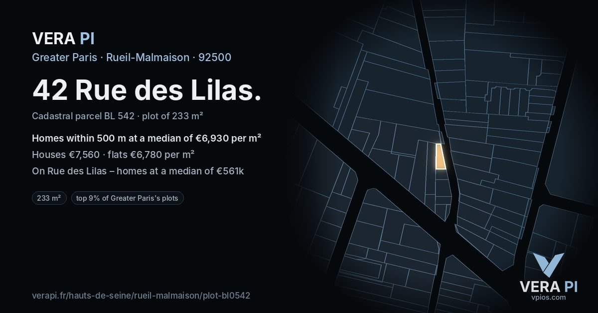 42 Rue des Lilas, Rueil-Malmaison at night – the plot lit, the parcels around coloured by the prices near them