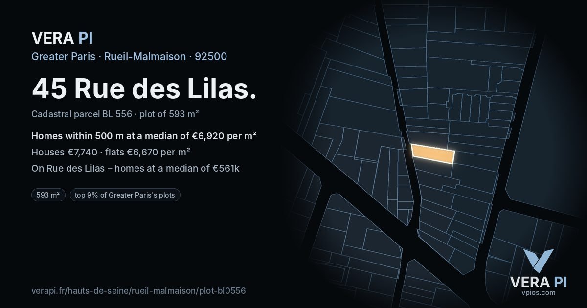 45 Rue des Lilas, Rueil-Malmaison at night – the plot lit, the parcels around coloured by the prices near them