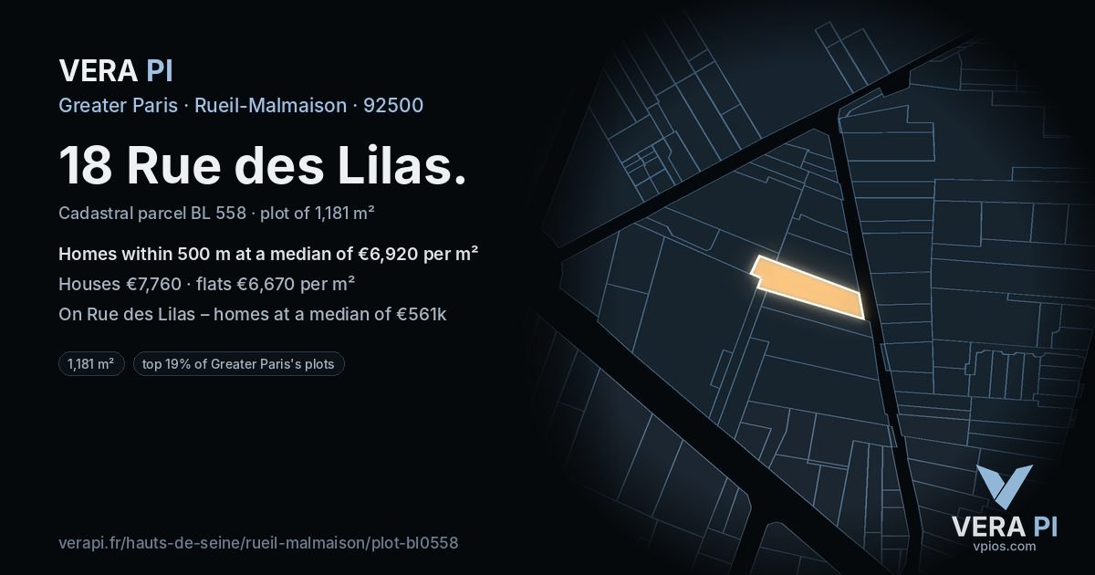 18 Rue des Lilas, Rueil-Malmaison at night – the plot lit, the parcels around coloured by the prices near them