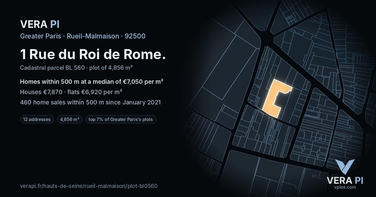 1 Rue du Roi de Rome, Rueil-Malmaison at night – the plot lit, the parcels around coloured by the prices near them