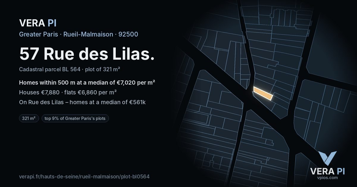 57 Rue des Lilas, Rueil-Malmaison at night – the plot lit, the parcels around coloured by the prices near them