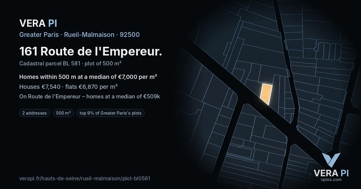 161 Route de l'Empereur, Rueil-Malmaison at night – the plot lit, the parcels around coloured by the prices near them