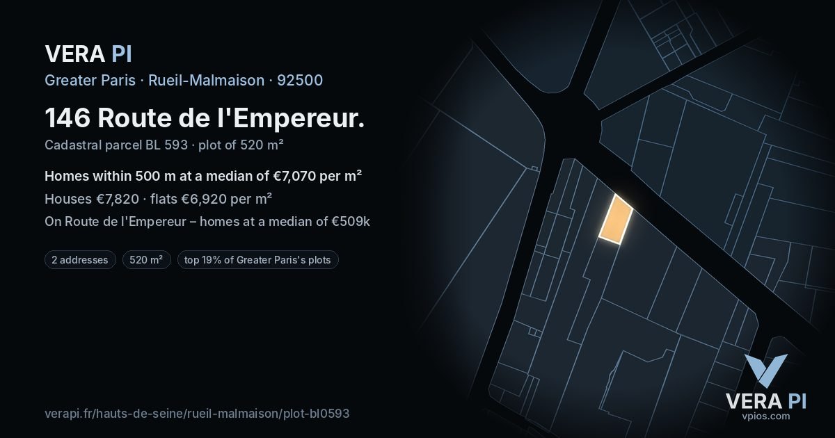 146 Route de l'Empereur, Rueil-Malmaison at night – the plot lit, the parcels around coloured by the prices near them