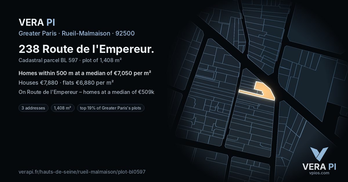 238 Route de l'Empereur, Rueil-Malmaison at night – the plot lit, the parcels around coloured by the prices near them