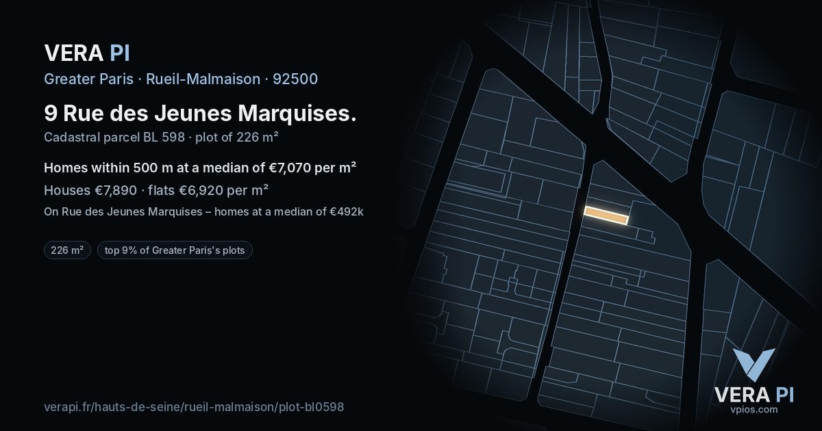 9 Rue des Jeunes Marquises, Rueil-Malmaison at night – the plot lit, the parcels around coloured by the prices near them