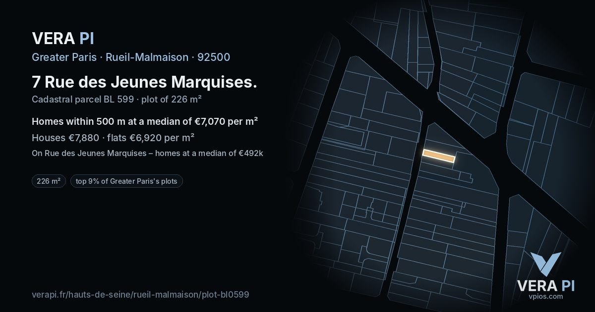 7 Rue des Jeunes Marquises, Rueil-Malmaison at night – the plot lit, the parcels around coloured by the prices near them