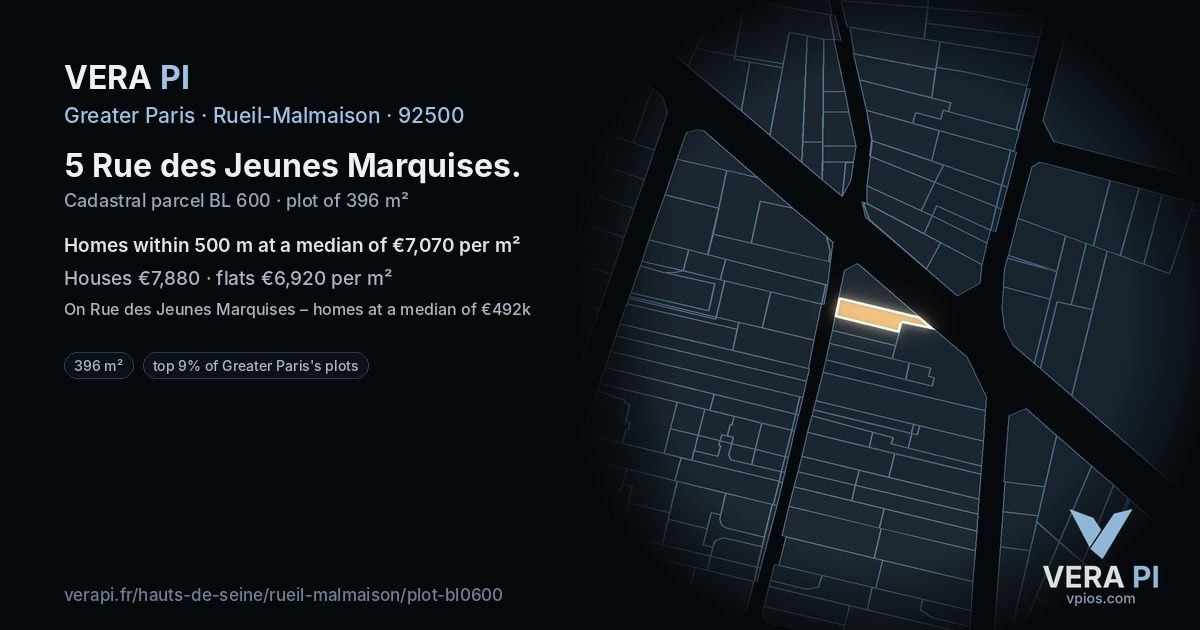 5 Rue des Jeunes Marquises, Rueil-Malmaison at night – the plot lit, the parcels around coloured by the prices near them