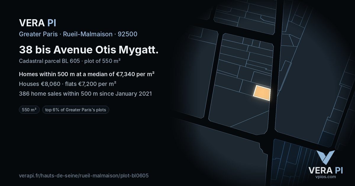 38 bis Avenue Otis Mygatt, Rueil-Malmaison at night – the plot lit, the parcels around coloured by the prices near them