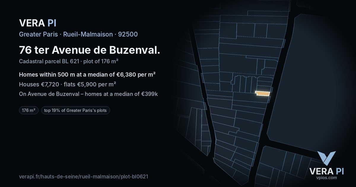 76 ter Avenue de Buzenval, Rueil-Malmaison at night – the plot lit, the parcels around coloured by the prices near them