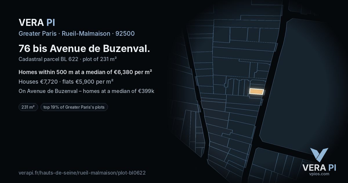 76 bis Avenue de Buzenval, Rueil-Malmaison at night – the plot lit, the parcels around coloured by the prices near them