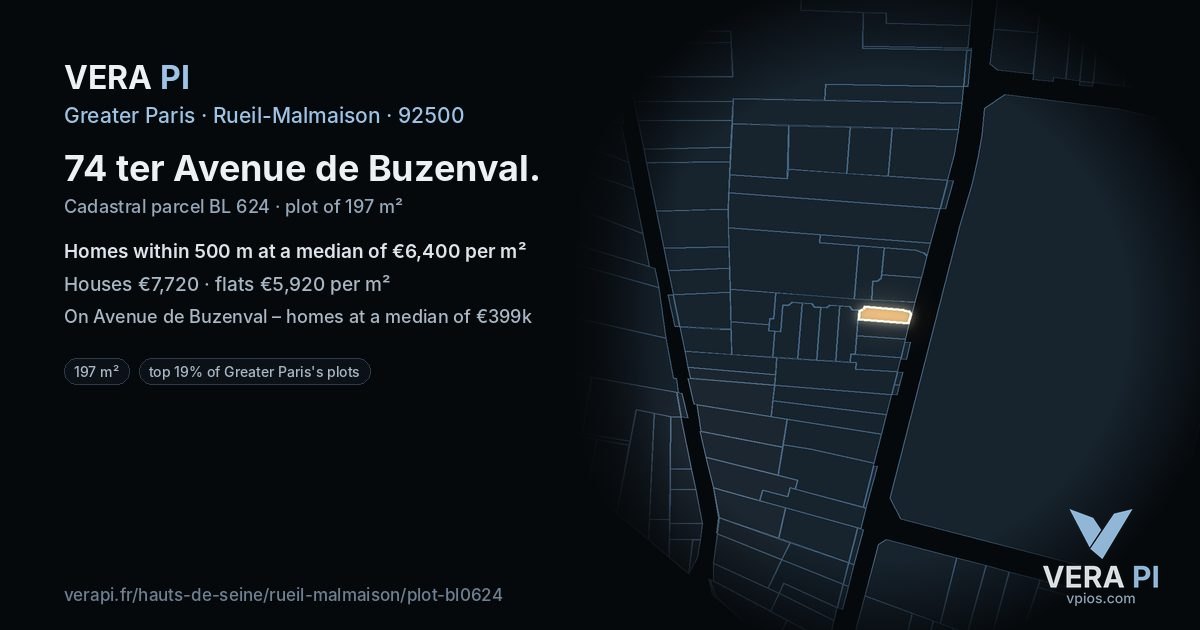 74 ter Avenue de Buzenval, Rueil-Malmaison at night – the plot lit, the parcels around coloured by the prices near them