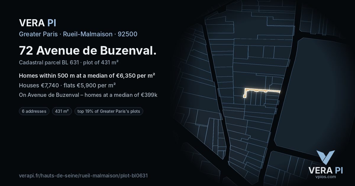 72 Avenue de Buzenval, Rueil-Malmaison at night – the plot lit, the parcels around coloured by the prices near them