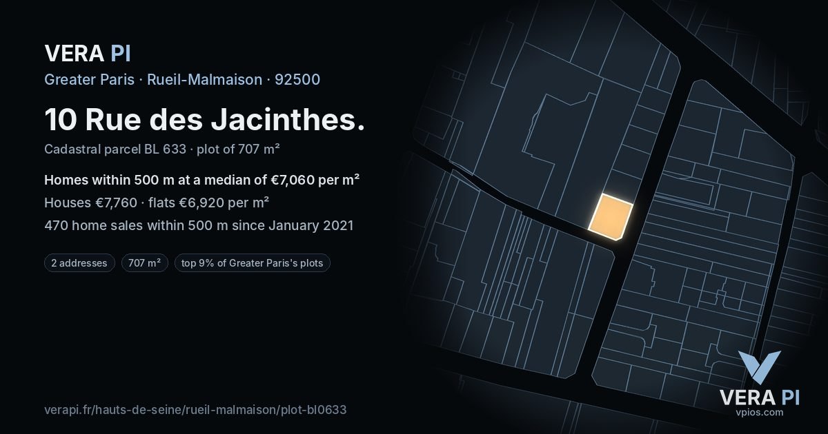 10 Rue des Jacinthes, Rueil-Malmaison at night – the plot lit, the parcels around coloured by the prices near them