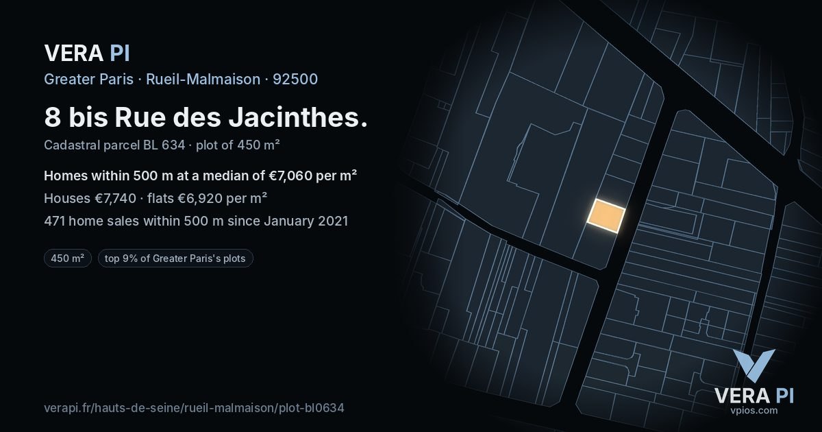 8 bis Rue des Jacinthes, Rueil-Malmaison at night – the plot lit, the parcels around coloured by the prices near them