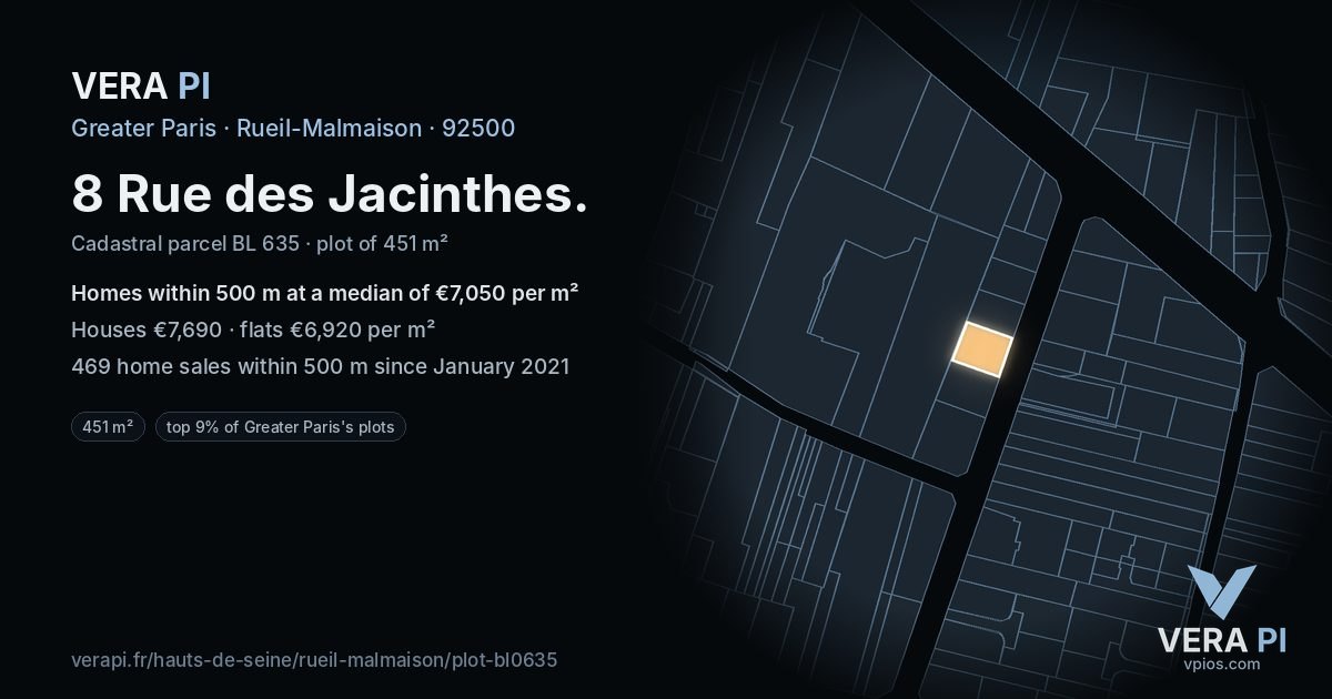 8 Rue des Jacinthes, Rueil-Malmaison at night – the plot lit, the parcels around coloured by the prices near them
