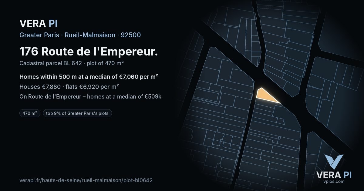 176 Route de l'Empereur, Rueil-Malmaison at night – the plot lit, the parcels around coloured by the prices near them