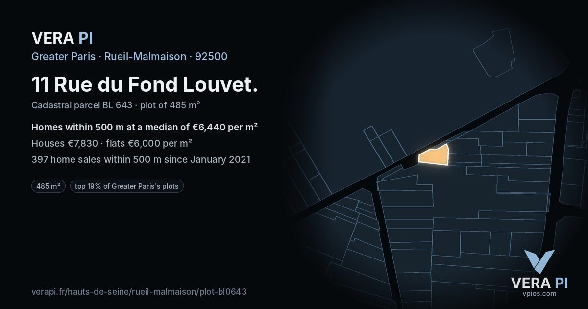 11 Rue du Fond Louvet, Rueil-Malmaison at night – the plot lit, the parcels around coloured by the prices near them
