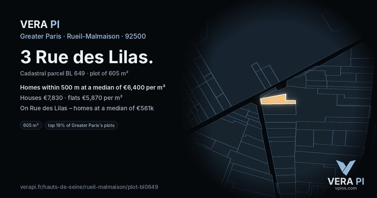 3 Rue des Lilas, Rueil-Malmaison at night – the plot lit, the parcels around coloured by the prices near them