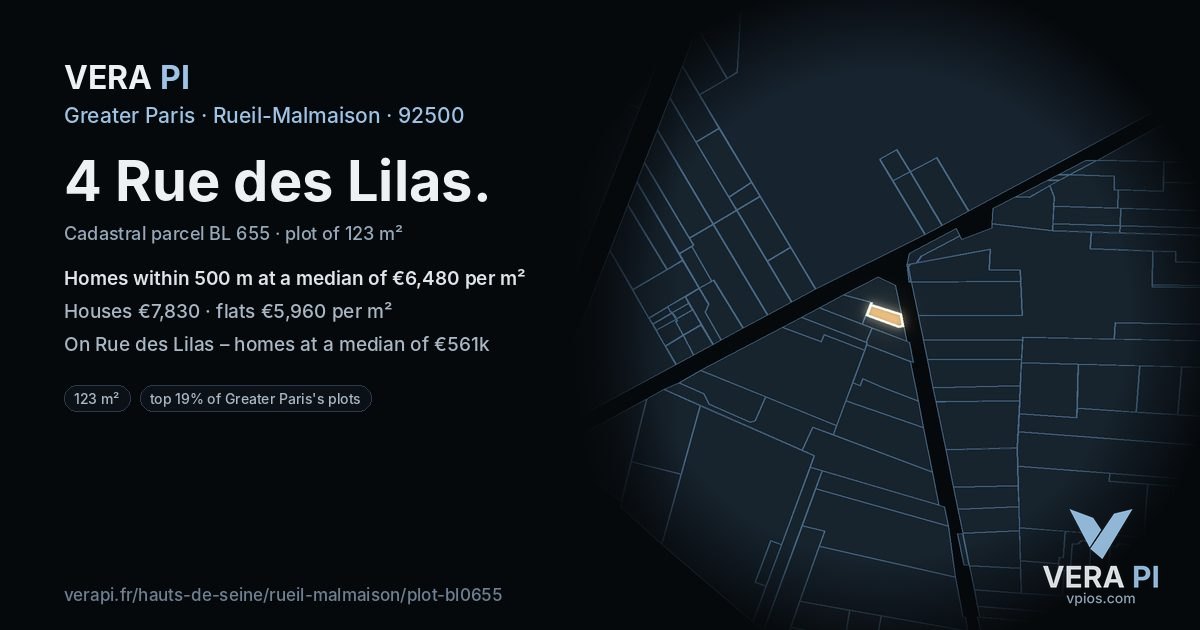 4 Rue des Lilas, Rueil-Malmaison at night – the plot lit, the parcels around coloured by the prices near them