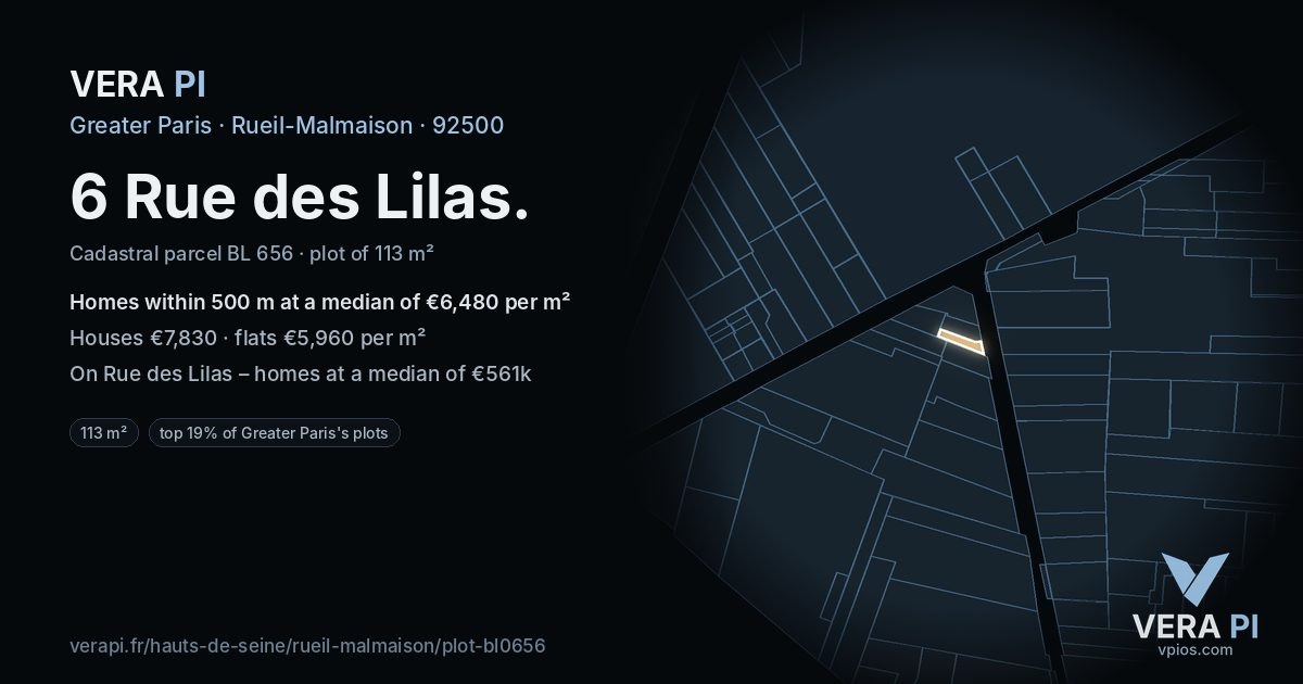 6 Rue des Lilas, Rueil-Malmaison at night – the plot lit, the parcels around coloured by the prices near them