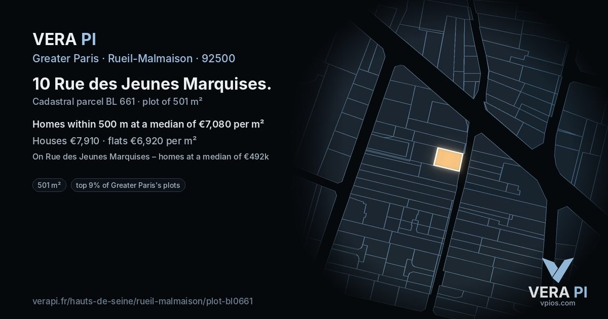 10 Rue des Jeunes Marquises, Rueil-Malmaison at night – the plot lit, the parcels around coloured by the prices near them