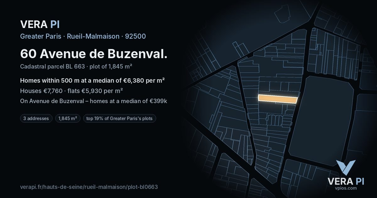 60 Avenue de Buzenval, Rueil-Malmaison at night – the plot lit, the parcels around coloured by the prices near them