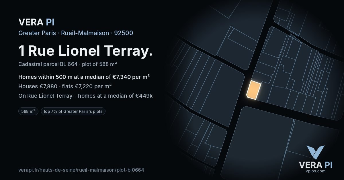 1 Rue Lionel Terray, Rueil-Malmaison at night – the plot lit, the parcels around coloured by the prices near them