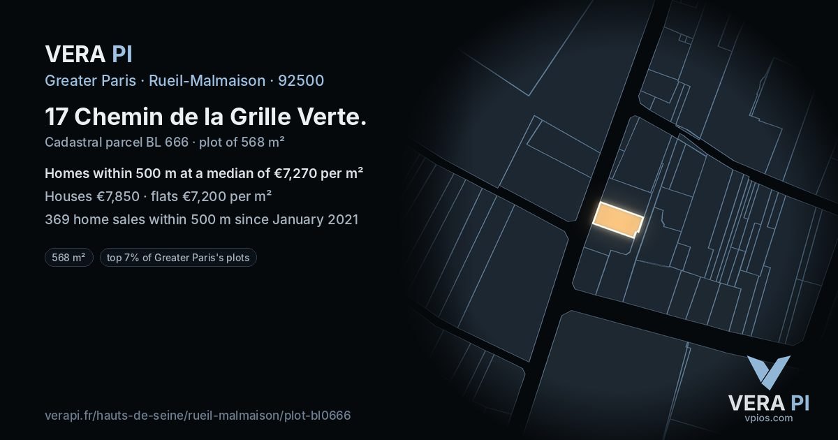 17 Chemin de la Grille Verte, Rueil-Malmaison at night – the plot lit, the parcels around coloured by the prices near them