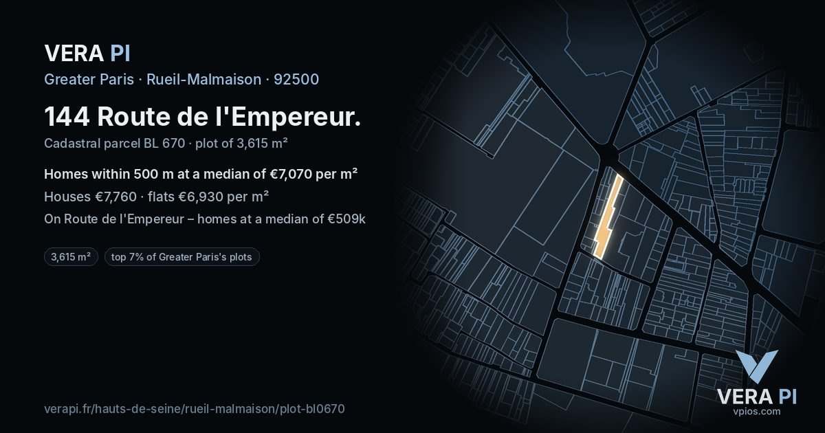 144 Route de l'Empereur, Rueil-Malmaison at night – the plot lit, the parcels around coloured by the prices near them