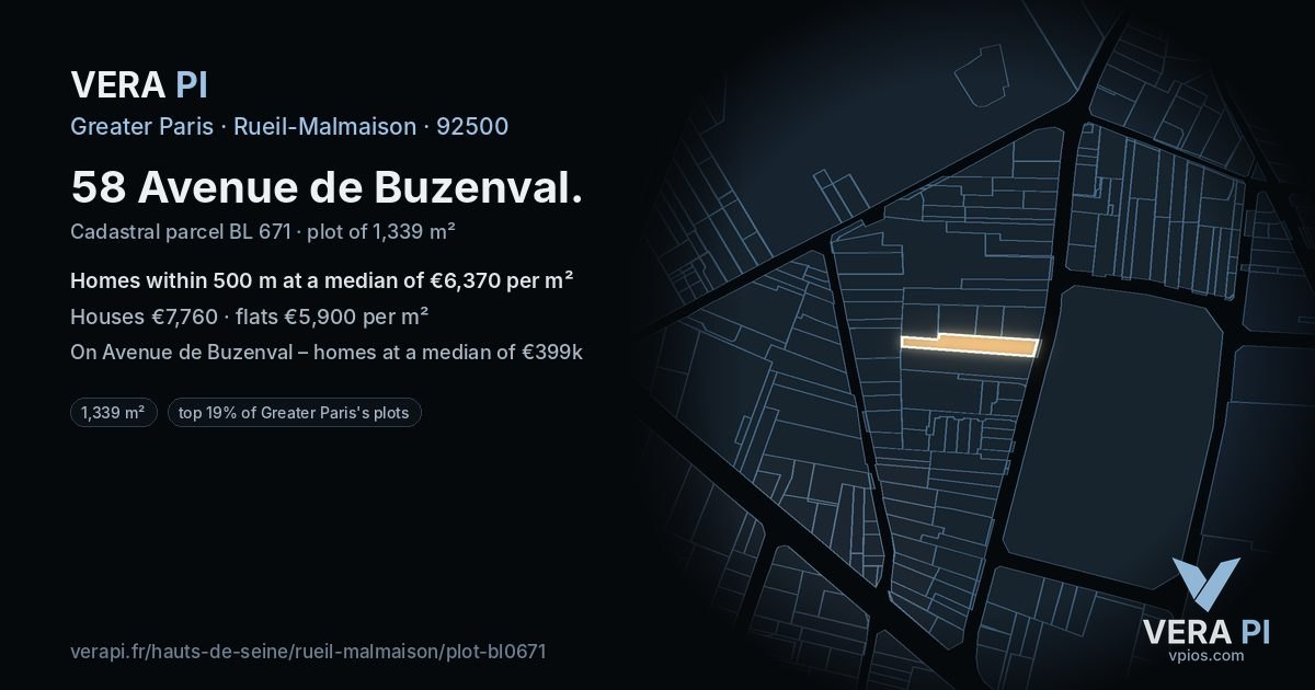 58 Avenue de Buzenval, Rueil-Malmaison at night – the plot lit, the parcels around coloured by the prices near them
