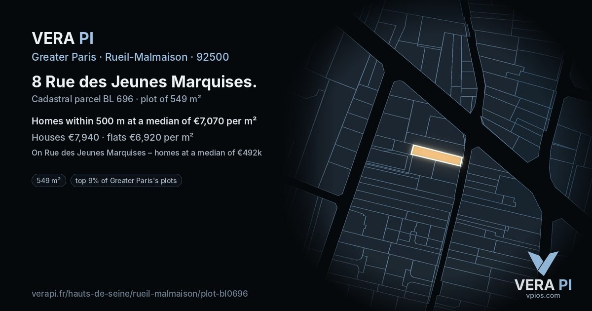 8 Rue des Jeunes Marquises, Rueil-Malmaison at night – the plot lit, the parcels around coloured by the prices near them