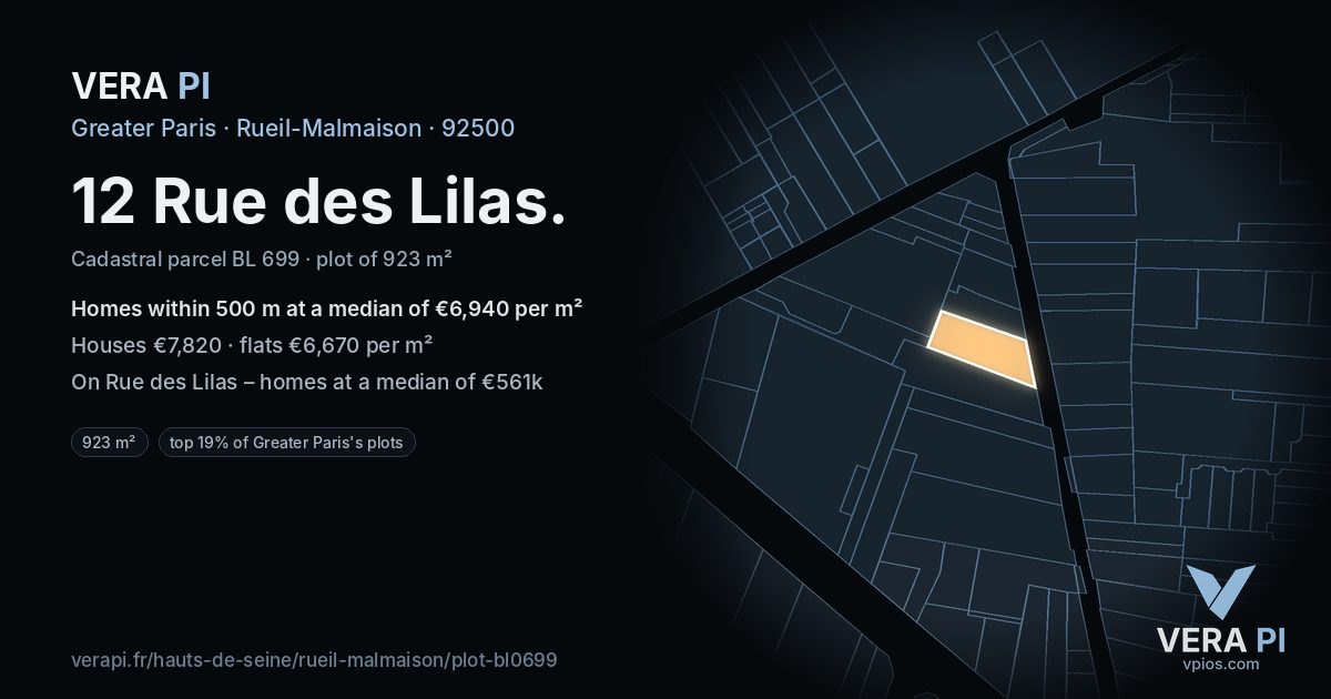 12 Rue des Lilas, Rueil-Malmaison at night – the plot lit, the parcels around coloured by the prices near them