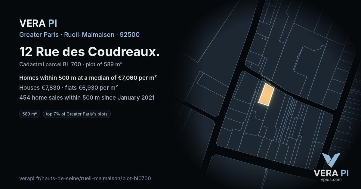12 Rue des Coudreaux, Rueil-Malmaison at night – the plot lit, the parcels around coloured by the prices near them