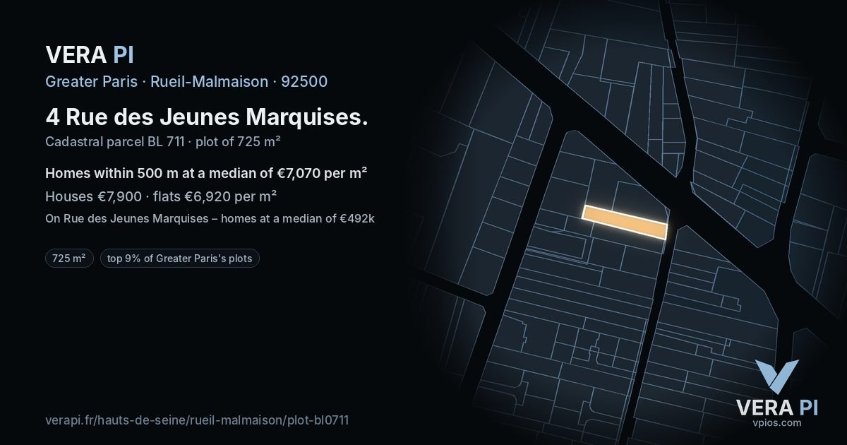 4 Rue des Jeunes Marquises, Rueil-Malmaison at night – the plot lit, the parcels around coloured by the prices near them