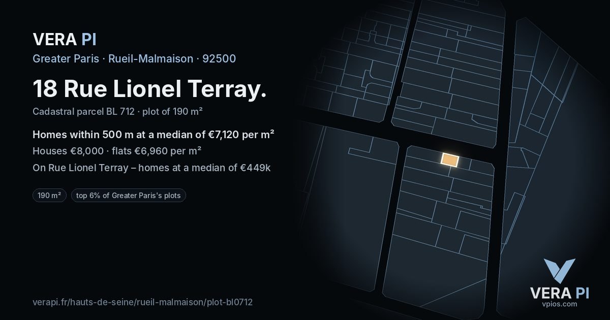 18 Rue Lionel Terray, Rueil-Malmaison at night – the plot lit, the parcels around coloured by the prices near them