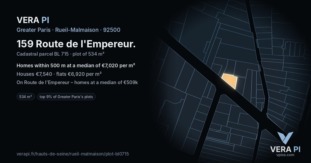 159 Route de l'Empereur, Rueil-Malmaison at night – the plot lit, the parcels around coloured by the prices near them