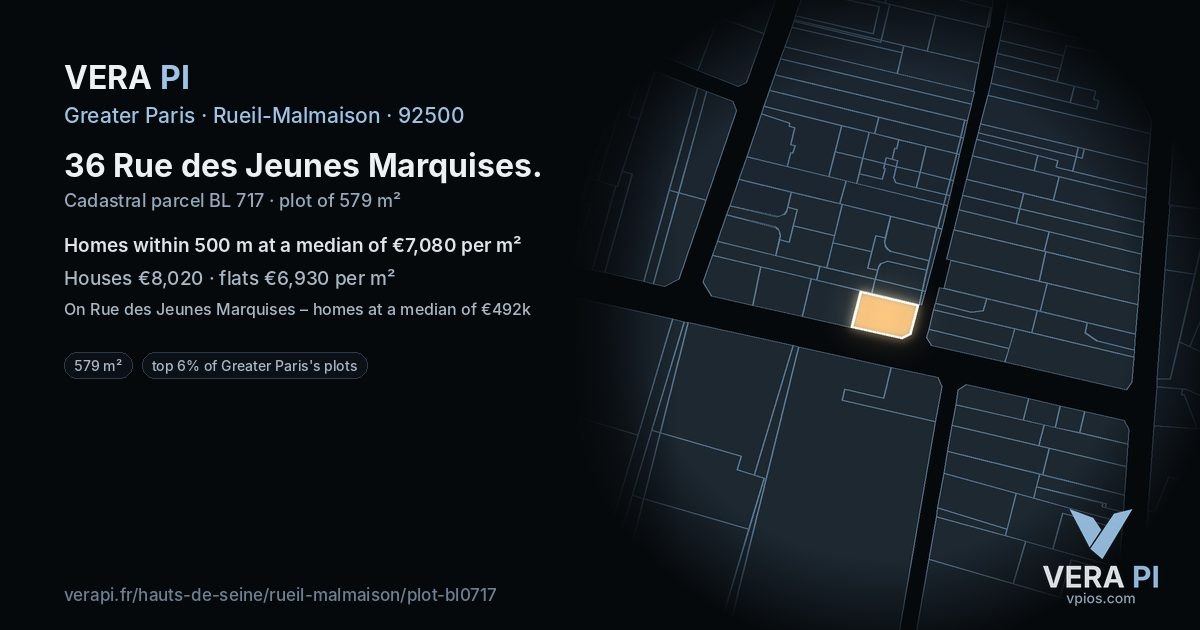 36 Rue des Jeunes Marquises, Rueil-Malmaison at night – the plot lit, the parcels around coloured by the prices near them