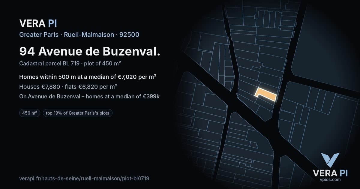 94 Avenue de Buzenval, Rueil-Malmaison at night – the plot lit, the parcels around coloured by the prices near them